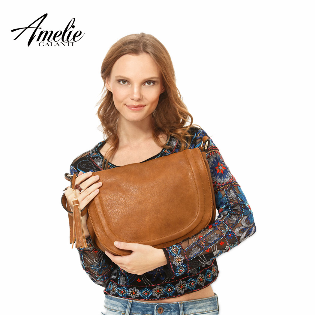 Amelie galanti stor sadeltaske crossbody-tasker til kvinder brown flap punge med kvast kvinder skuldertasker pu læder kvinder taske