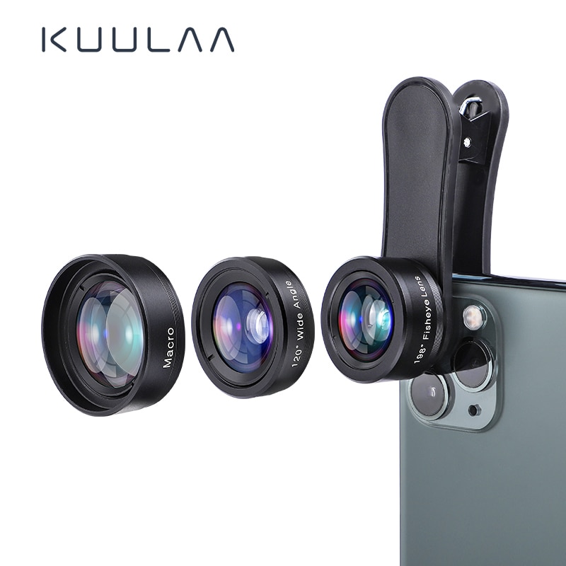 KUULAA 4K HD Cell Phone Camera Lens Kit 3 in 1 Wide Angle lens Macro Fisheye Lenses For iPhone 11 Pro Max Huawei P20 Pro Samsung