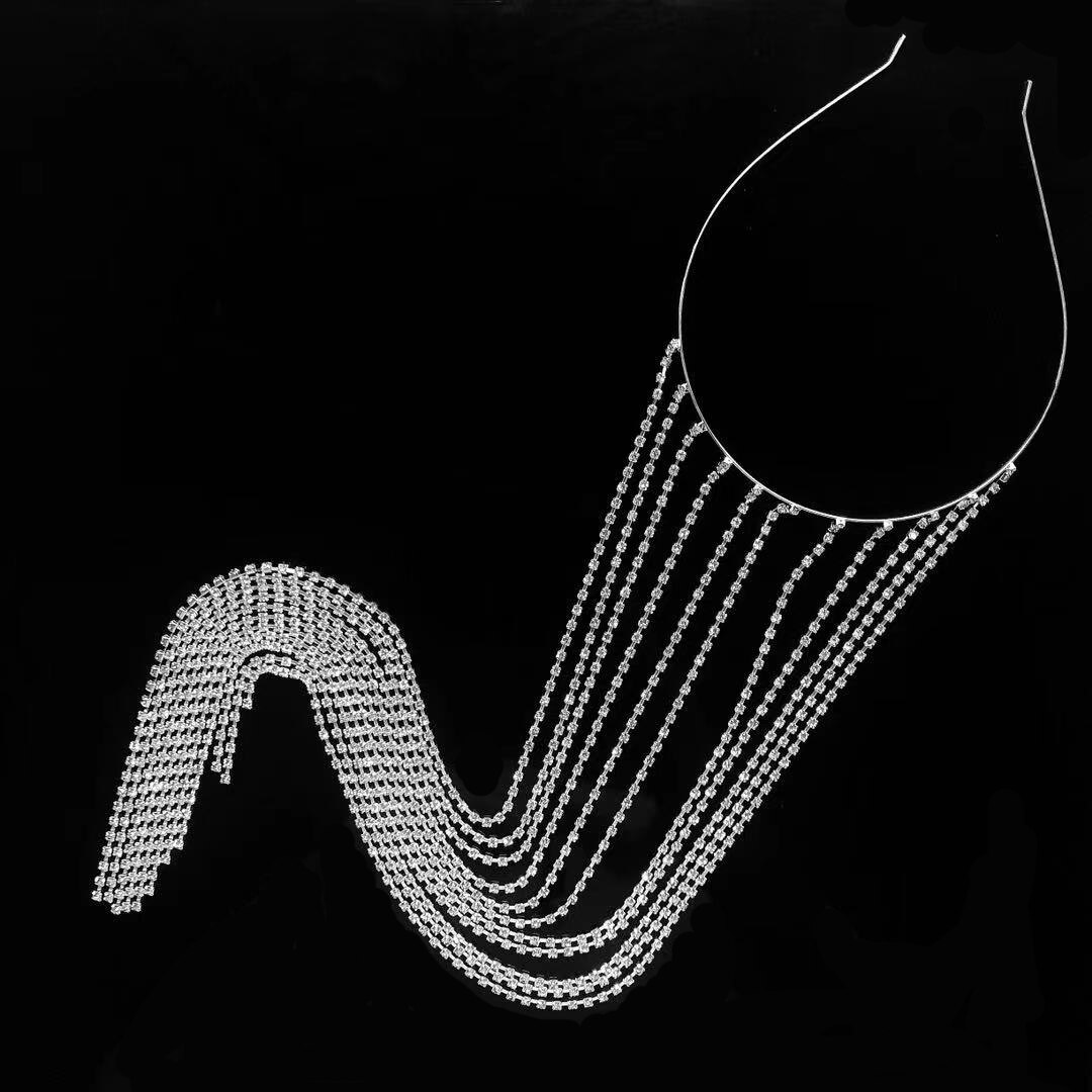 Fashionable lange kvast hovedbånd rhinestone smykker egnet til kvindelige brude krystal hovedbeklædning med total længde  of 42cm: Forsølvede