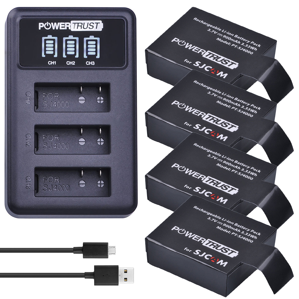 PowerTrust 4x SJ4000 batería PG1050 + LED 3 ranuras cargador USB para SJCAM SJ4000 SJ5000 SJ6000 SJ7000 SJ8000 SJ9000 M10 Cámara de Acción: 4Battery and charger