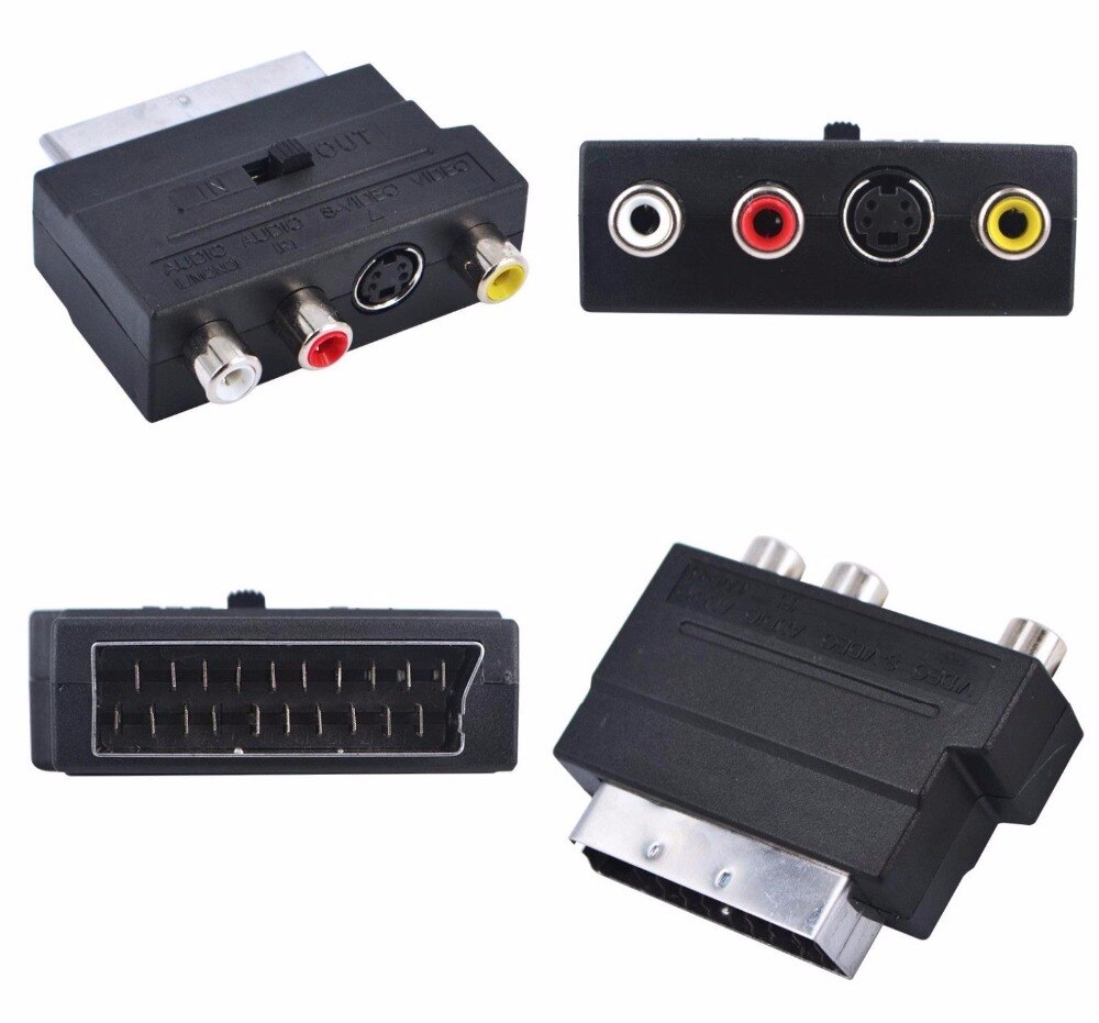 SCART Adapter AV Blok Naar 3 RCA Phono Composite S-Video Met In/Out Schakelaar