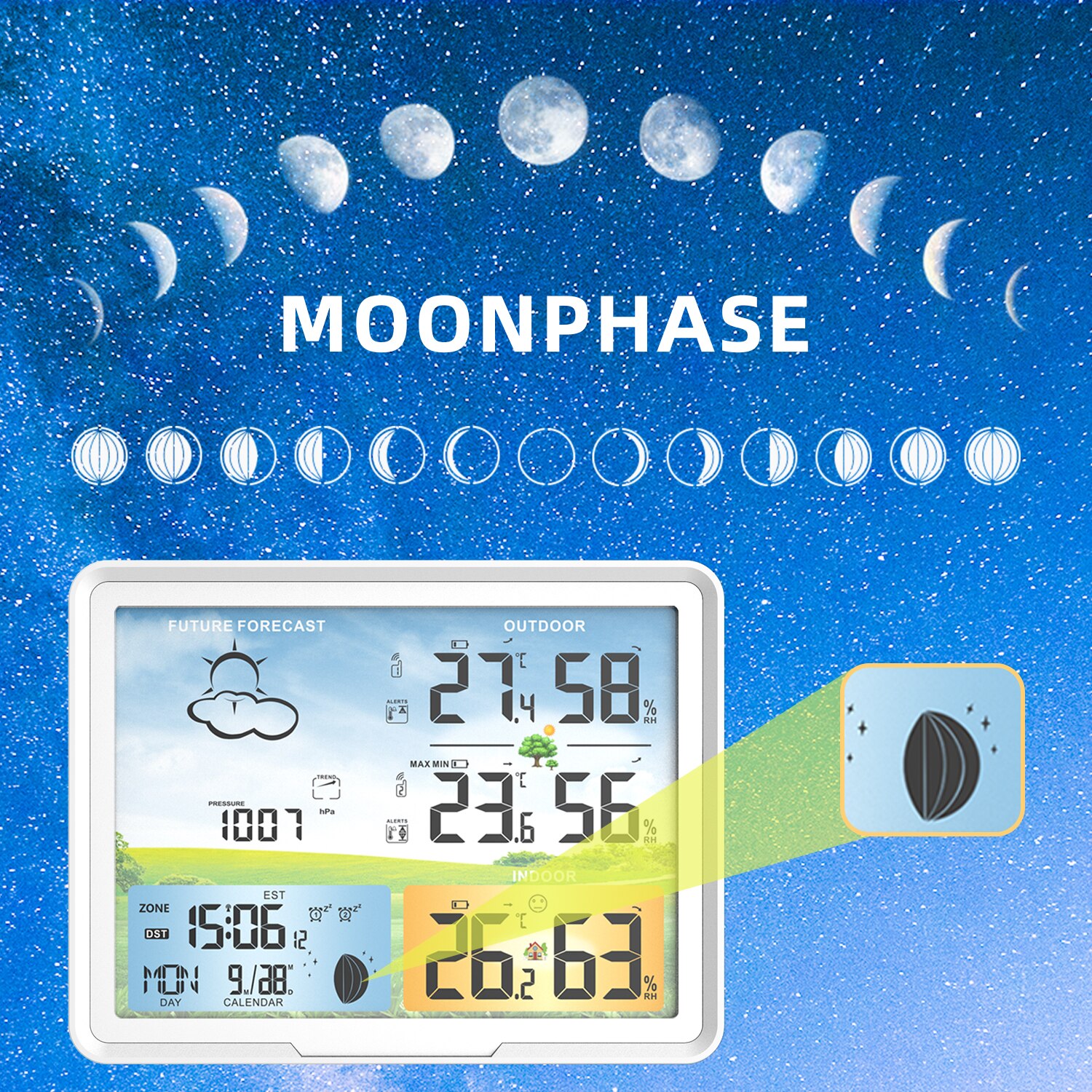 FABISENSE Weather Station Clocks Wireless Digital Thermometer Hygrometer Forecast Calendars Moon Phase Snooze Alarm Clock PT20B