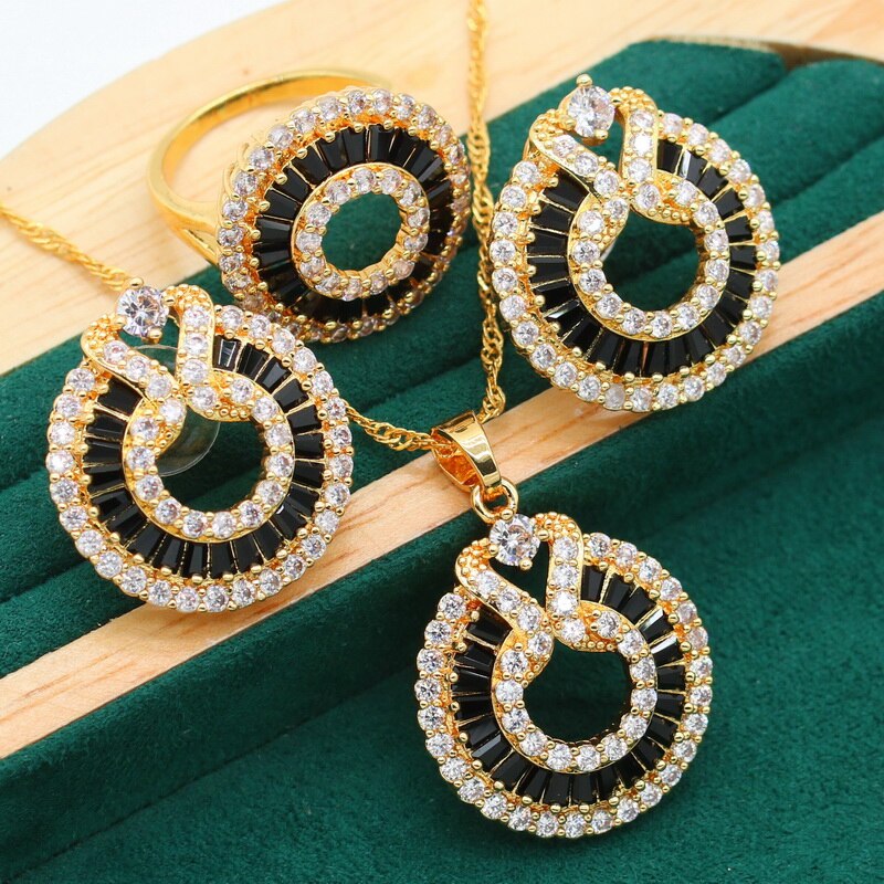 Neuheiten Gold Farbe Schmuck setzt Für Frauen Weiß Blau Schwarz Kristall Ohrringe Halskette Anhänger Ring Weihnachten 3Stck: Schwarz / 9