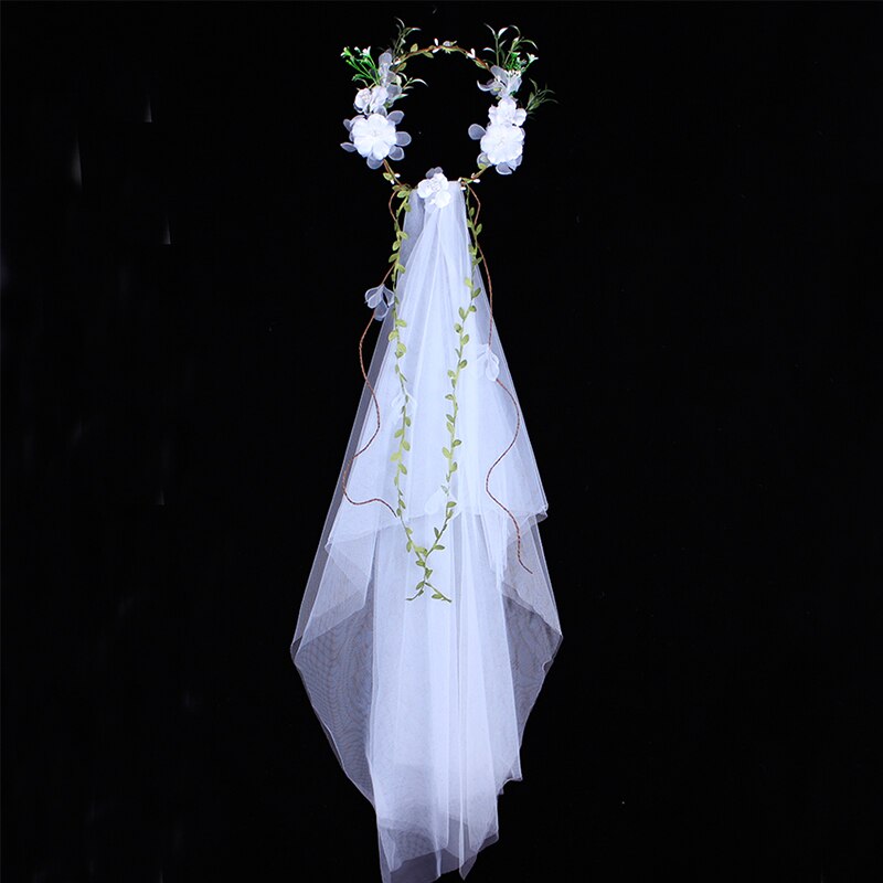 Bridal Wedding Tule Sluier Womens Rainbow Kunstbloemen Crown Lange Wijnstok Lint Hoofdband Haar Krans