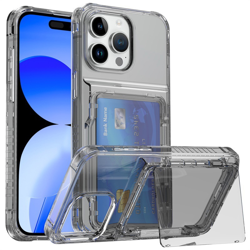 Funda de teléfono con tarjetero para iPhone 15, 14, 16, 13, 12, 11 Pro Max, funda transparente con soporte para iPhone15 15pro Max: Para iphone14pro (6,1 ") / Negro
