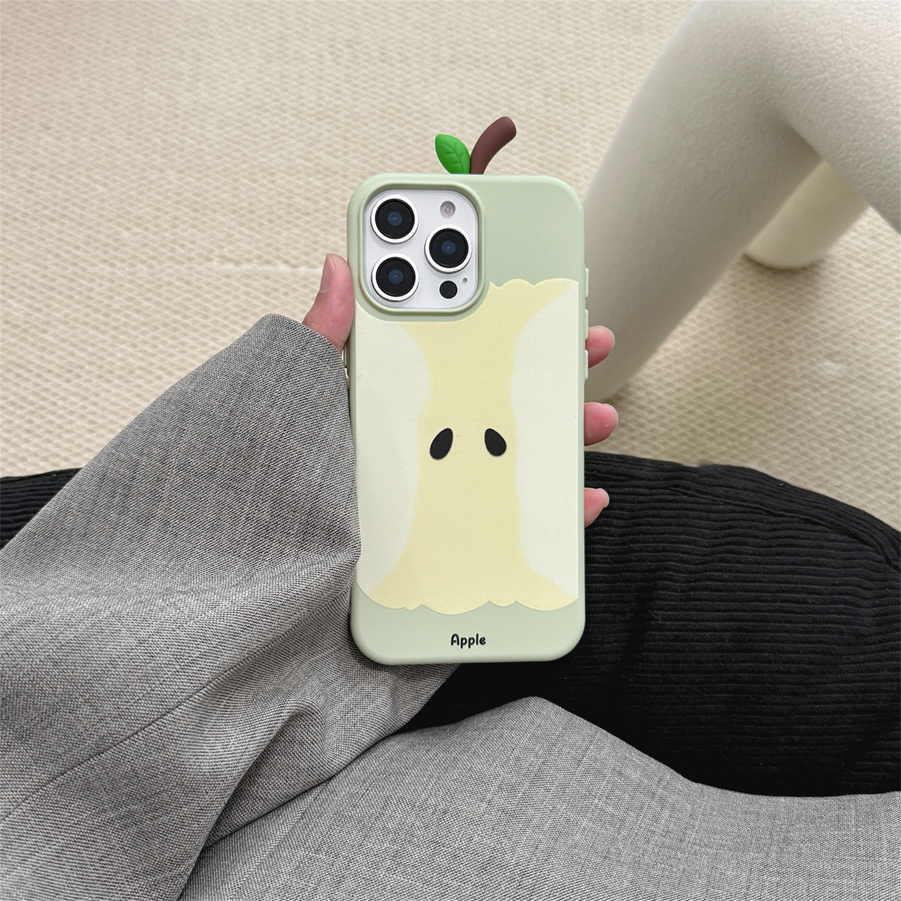 Ins Korean Simple Cute Funny Green Apple Core 3D Handle Phone Case For iPhone 16 15 14 13 12 Pro Max 15 14 16 13 Pro Back Cover
