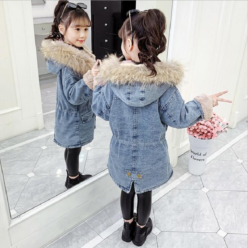 Winter Thicken Denim Jasje Voor Meisjes Plus Kasjmier Hooded Jas Voor Kinderen Kleding Warm Mode Meisjes Denim Jassen 5-13Y