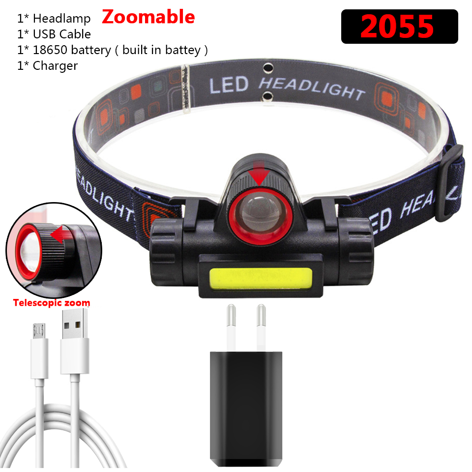 Zoomable Ingebouwde Batterij Camping Krachtige Led Koplamp Cob Usb Oplaadbare Koplamp Waterdichte Hoofdlamp Head Lamp Lantaarn: Package H