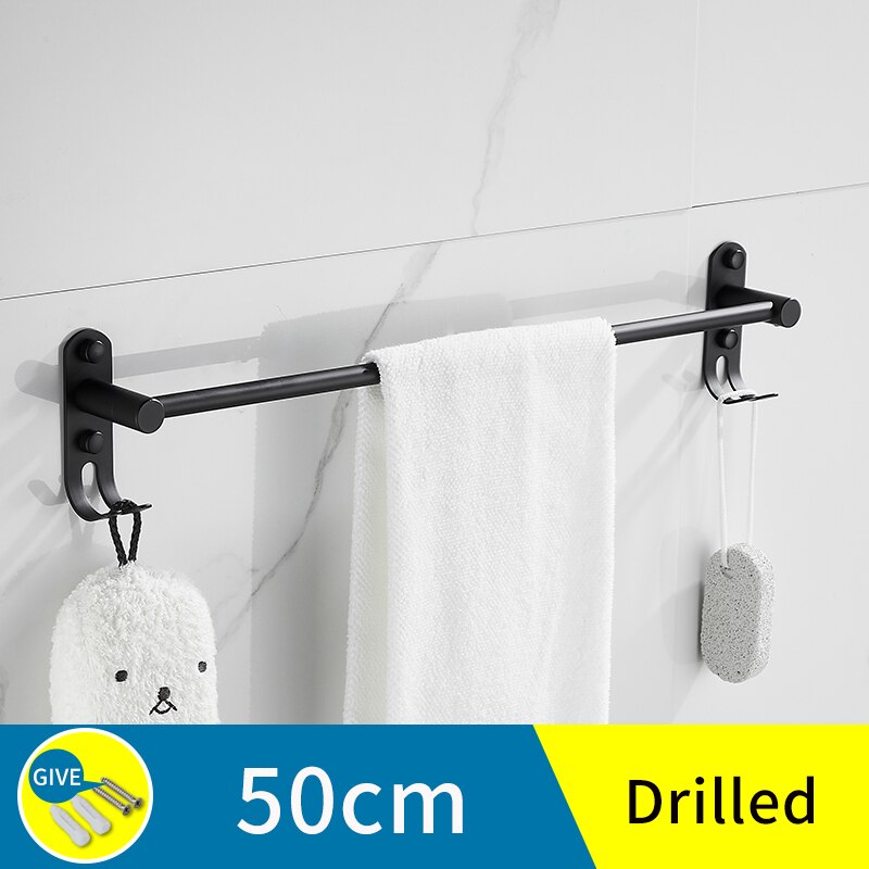 Bathroom stainless steel towel bar towel holderwall mounted screw free installation black towel holder shelfs racks with hooks: A-50cm(drilled)