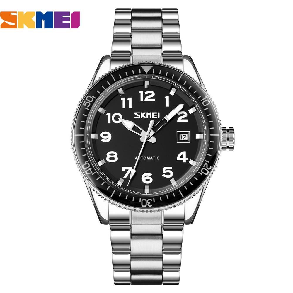 Skmei Top Luxe Horloges Mannen Bussiness Stijl Mechanische Horloge Roestvrij Staal Automatische Horloge Voor Mannen Reloj Hombre: Silver-Black