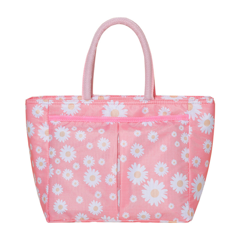 Daisy Printed Lunch Bag Thermal Insulation Large Capacity Handbag Cute Picnic Drinks Lunch Box Storage Bag Portable Lunch Pouch: black