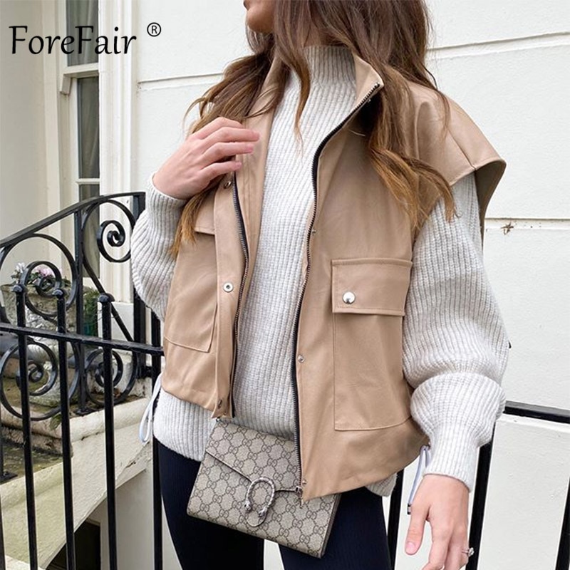 Kurtka zimowa Forefair czarny zamek bez rękawów dorywczo luźne opuszczane ramiona solidna szczupły nadwymiarowe kobiety kamizelka skórzana kurtka