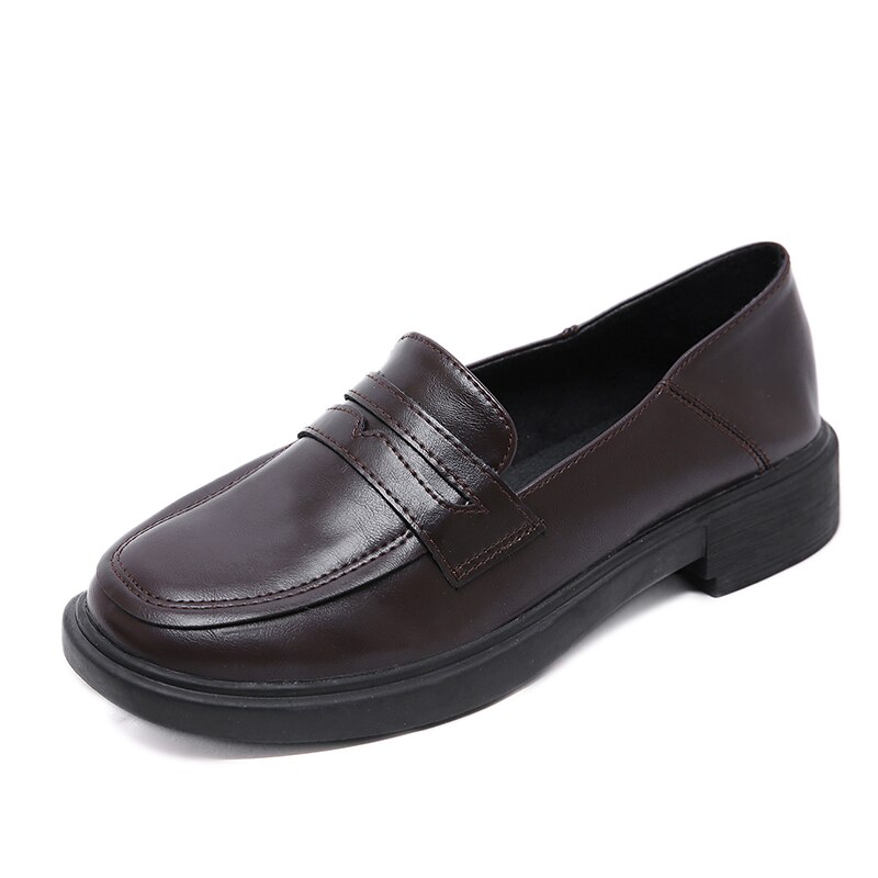Gdgydh Round Toe Loafers Flats Shoes Woman Spring Summer Female Casual Shoes Black Leather PU Flat Heel: brown shoes / 4.5