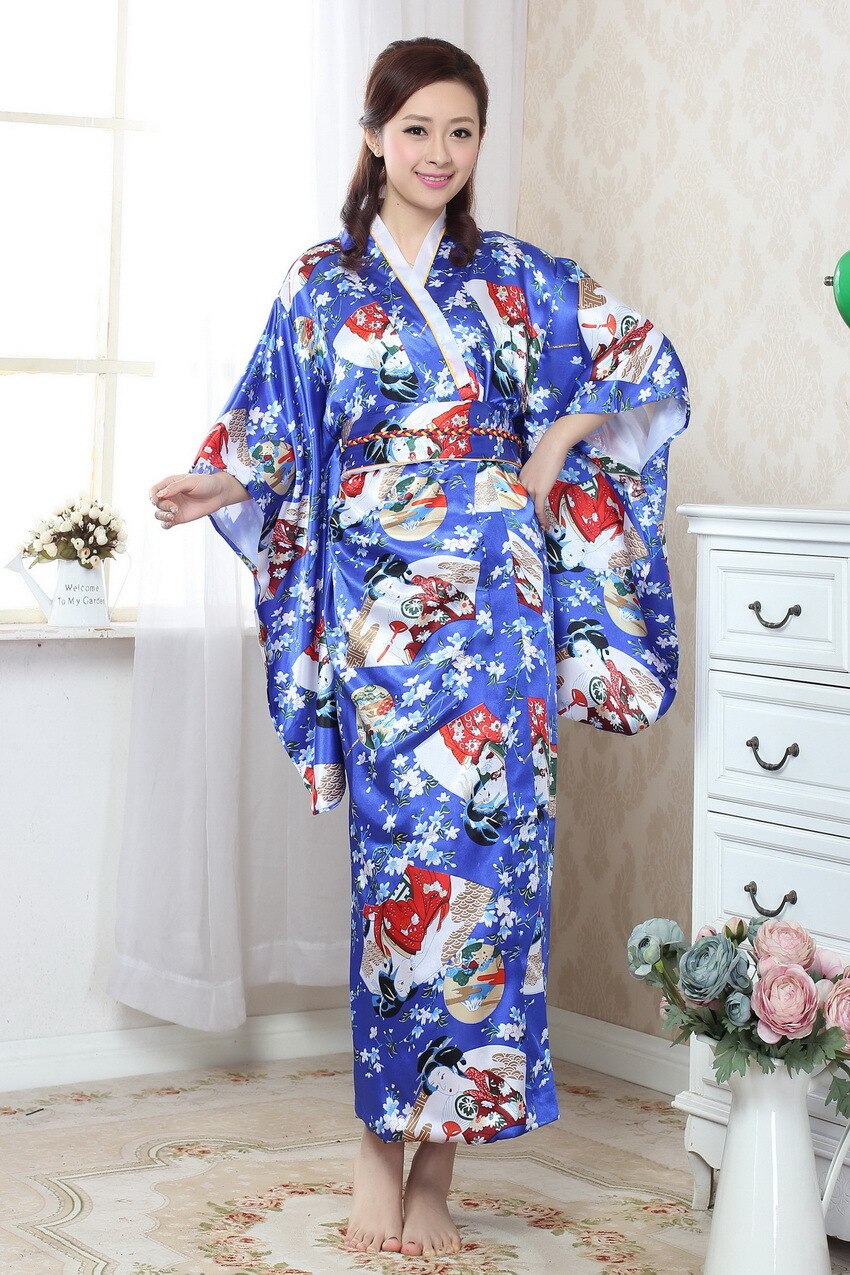 Robe Kimono en Satin bleu Royal chinois