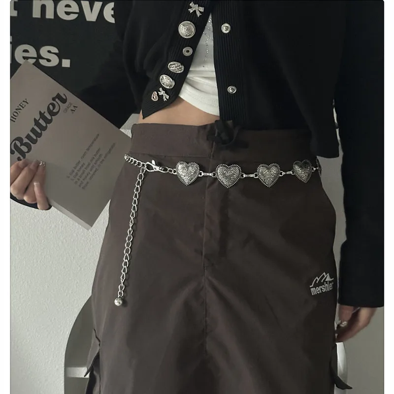 Cinturón de cintura larga con hebilla ajustable y corazón de amor dorado, vestido, suéter, cadena para el cuerpo, para mujer, Metal calado Vintage: Plata