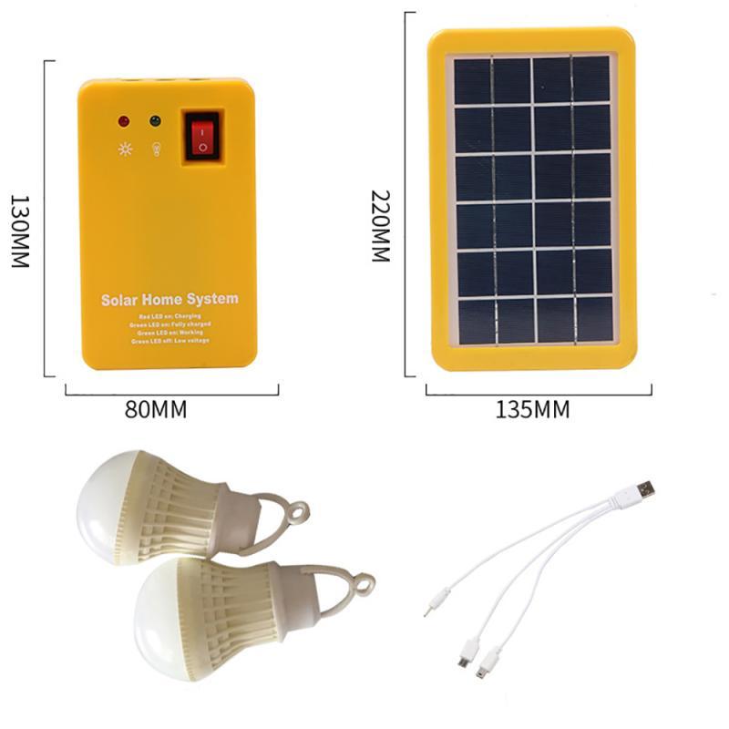 3W Zonnepaneel Noodverlichting Kit Solar Generator 4 Heads Usb Charger Cable + 2 Led Gloeilamp Voor outdoor Camping Solar Licht