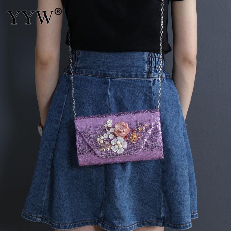 Purple Clutches Bag Bead Flower Bolsa Feminina Women Evening Prom Night Party Purse Female Crossbody Bag Lady Purse