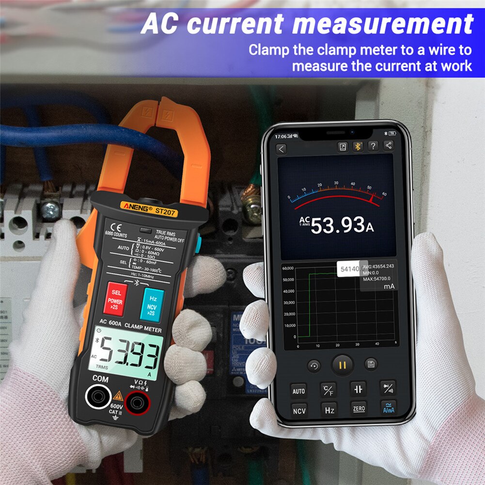 Stroomtang Multimeter App Digitale Auto Variërend Data Hold Sterke Taaiheid Elektrische Draagbare Bluetooth Amp Meter