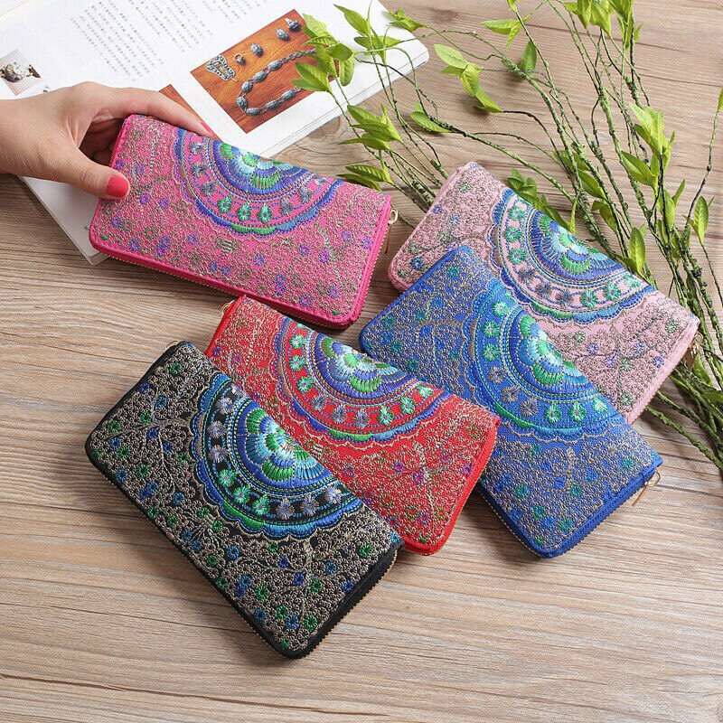 Celebrity style broderet blomsterpung lang pung til kvinder bærbar id kreditkortholder clutch