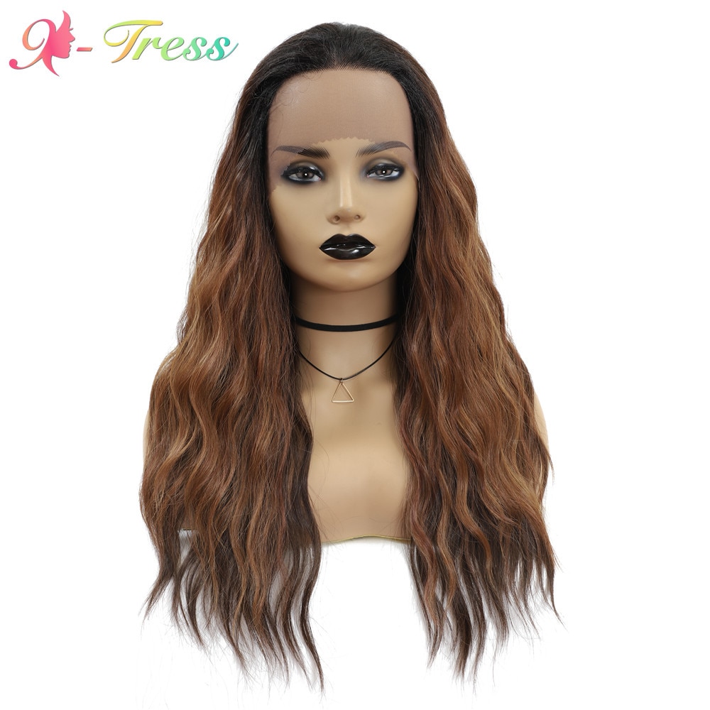 X-TRESS Ombre Brown Natural Wave Wig 1.5*13.5 Lace Front Synthetic Wigs For Black Women Glueless High Temperature Fiber Hair