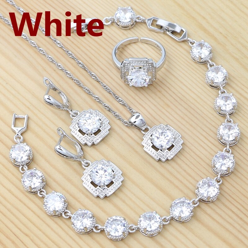 Conjunto de joyería de plata 925 para mujer, anillo redondo rojo granate, pendientes, pulsera, colgante, cadena, joyería cuadrada: Blanco