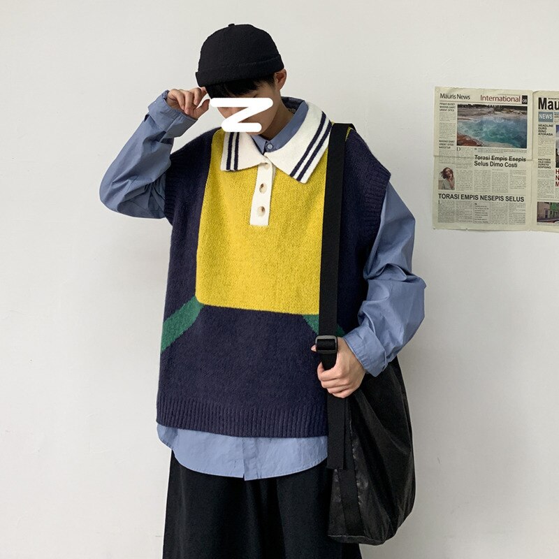 Sweater vest herre varm hit farve casual strikket pullover herre streetwear vild løs ærmeløs sweater herre tøj