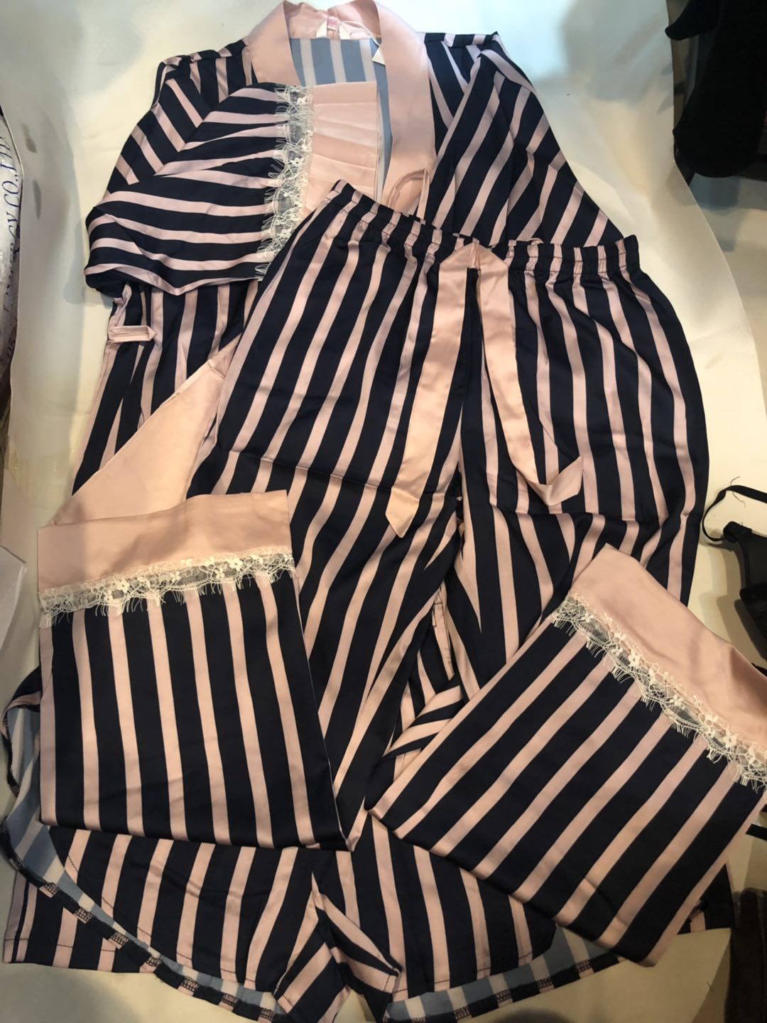 Ladies vs stripe pajamas four-piece diamond logo Wide stripes color matching Home service suit Sexy comfortable