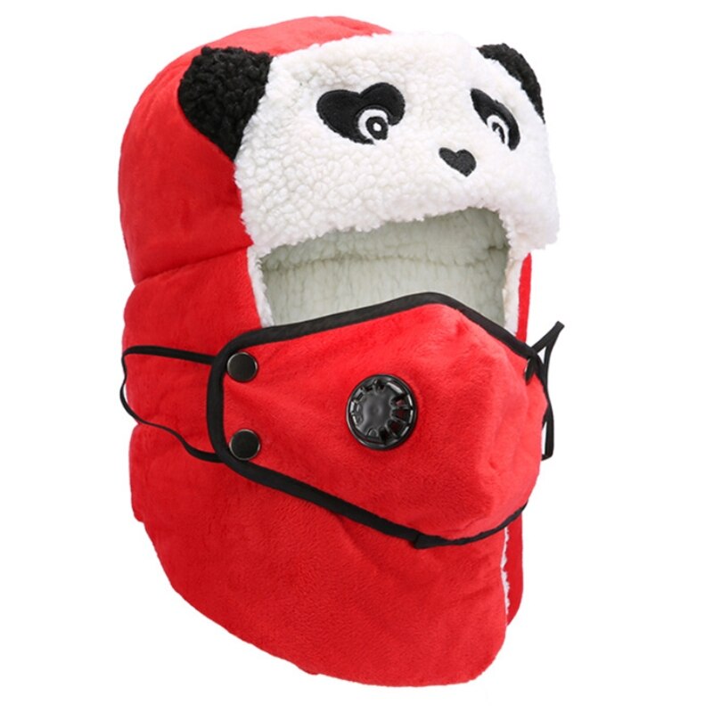 Gorro de invierno con estampado de oso Panda, gorro de lana de imitación con solapa y máscara