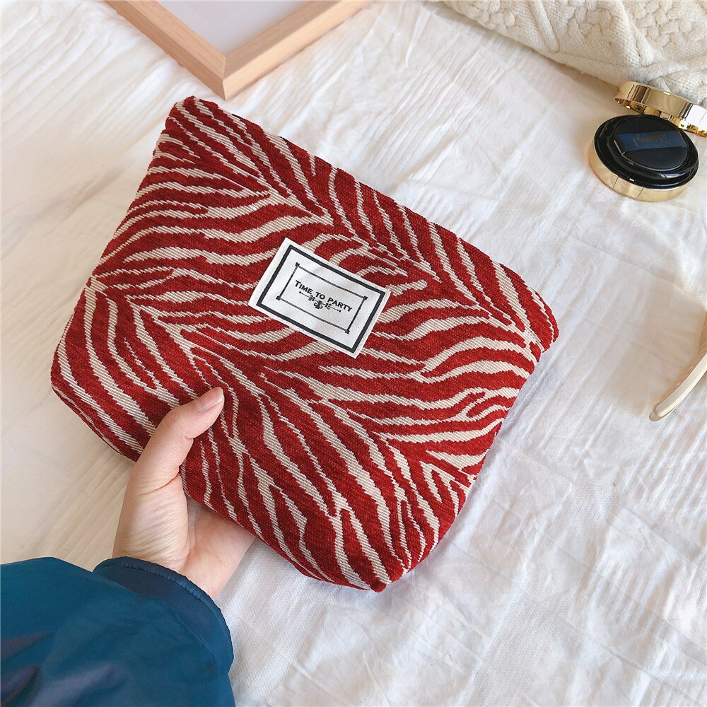 Large Women Zebra Pattern Cosmetic Bag Canvas Waterproof Zipper Make Up Bag Travel Washing Makeup Organizer Beauty Case: Red