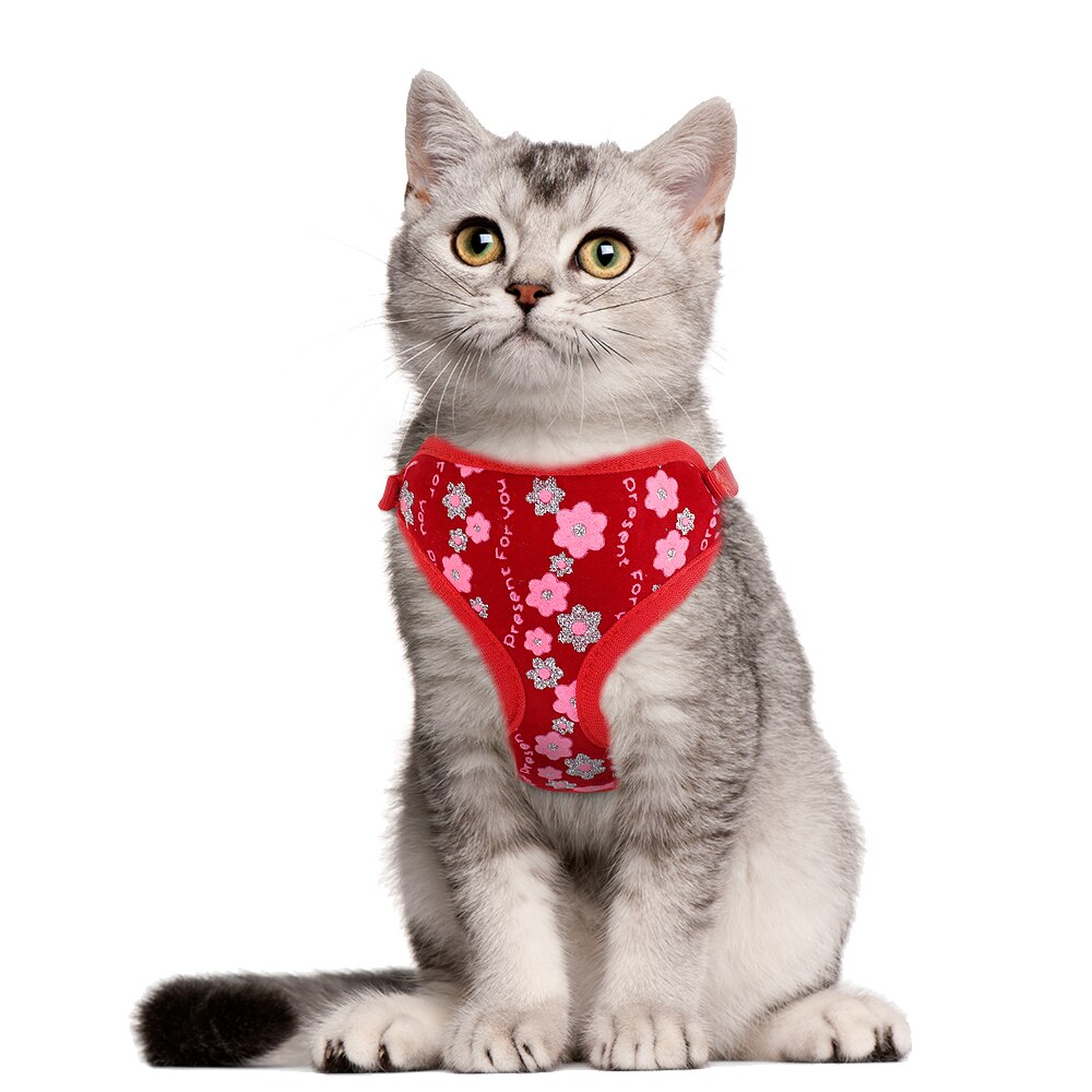 Cute Cat Harness and Leash Set Mesh Kitten Puppy Vest Chihuahua Yorkies Mesh Pet Clothes For Small Dogs Cats Flower Pattern: Red / L
