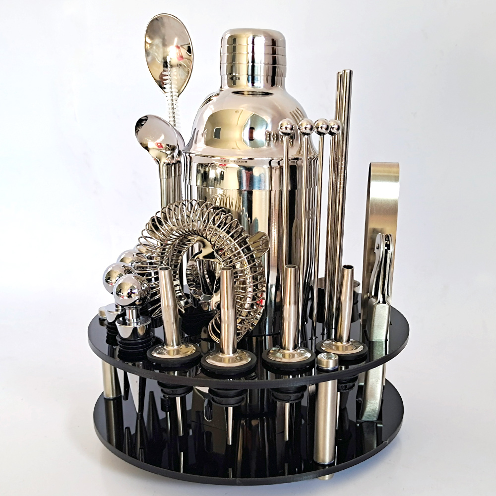 Bartender Kit, Cocktail Shaker Set With Rotating Acrylic Holder. Home DIY Suit for Mixed Drinks Martini Bar Tools Perfect
