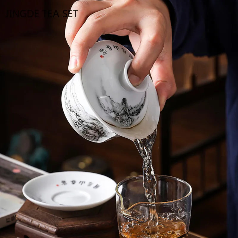 Chinese Blue and White Porcelain Gaiwan Portable Travel Tea Bowl Home Ceramic Teacup Handmade Teaware Personal Single Cup 140ml