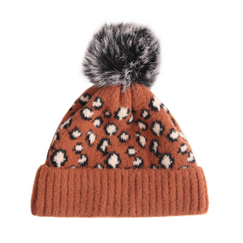 Women’s Winter Knit Hat Cap Adults Winter Warm Classic Leopard Print Beanie Cap with Big Faux Fur Pom Ladies Knitted Bomber Hats: E