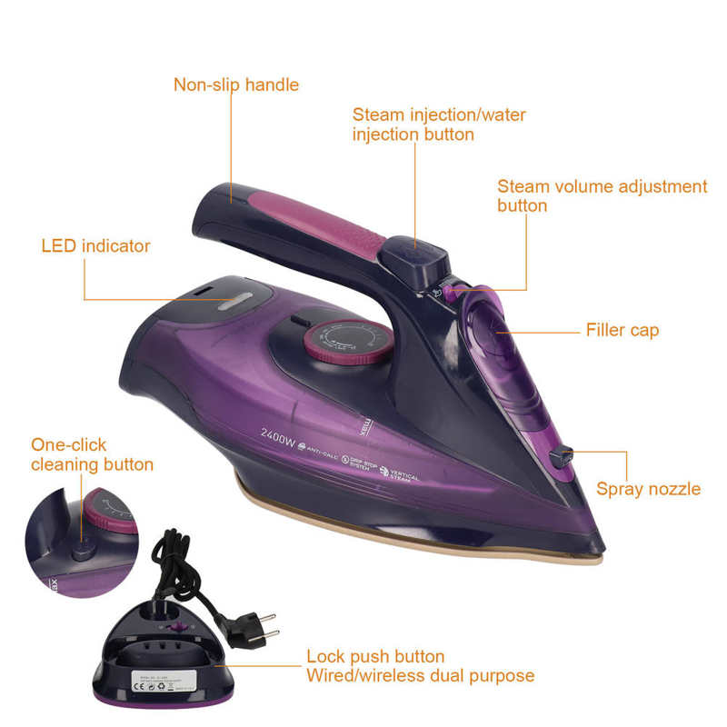 2400W 220V Cordless Electric Steam Iron Ceramic portable Clothes Ironing Steamer Ironing machine
