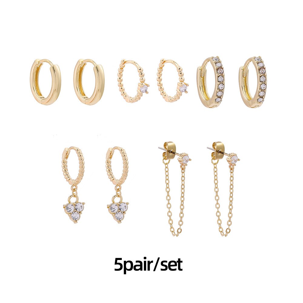 5 paia di orecchini a cerchio piccoli in rame a torsione rotonda di moda per le donne Set di gioielli per orecchini a catena lunga in lega di Krystal regali per feste: Gold A12-5-4-3