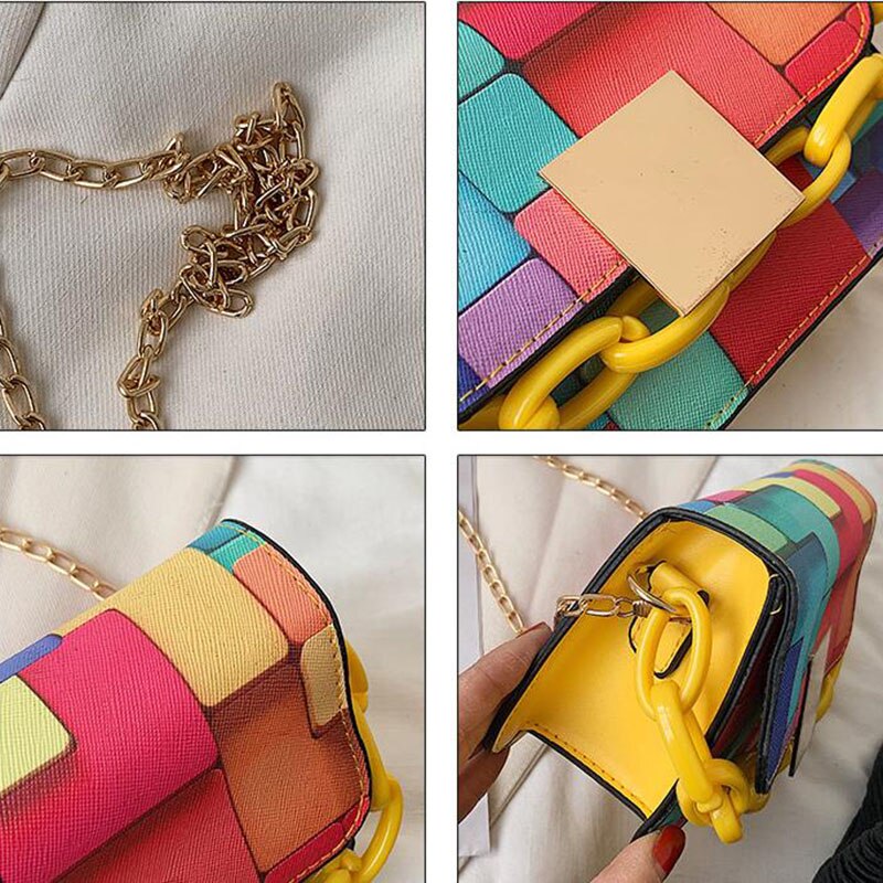 Vrouwen Mode Schoudertassen Keten Draagbare Crossbody Tassen Voor Vrouwen Regenboog Kleur Mini Vierkante Zak Pu Lederen Ketting tas