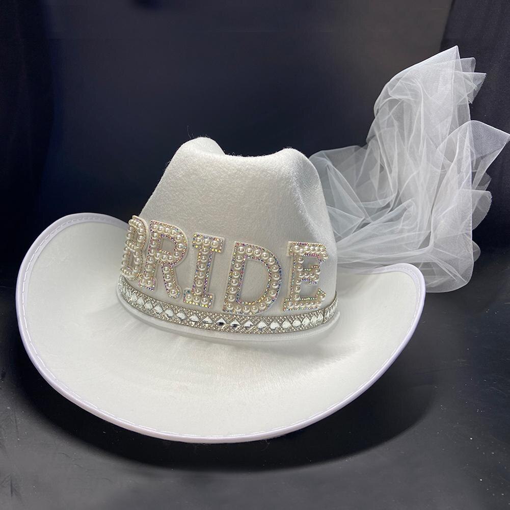 Cowgirl Hat with Veil Western Bride Cowgirl Hat Summer Beach Hat Wide Brim Dress Women Caps Face Veils Wedding Hats for Women: white rhinestone