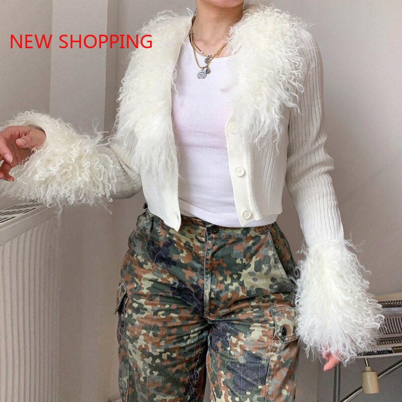 Winter 2022 Fur Collar and Cuffs Cropped Cardigan Sweaters Women Fairy Single Breasted Y2K Fairycore Jacket