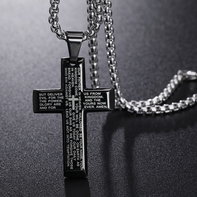 Retro Christian Jesus Single Titanium Scripture Cross Necklace Stainless Steel Black Prayer Choker Cross Pendants For Men Colar