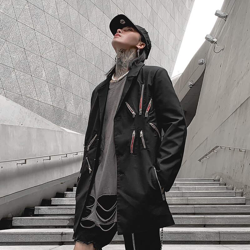 Rock punk trench coat men Zippers Harajuku stylish Hiphop Black color Autumn Winter