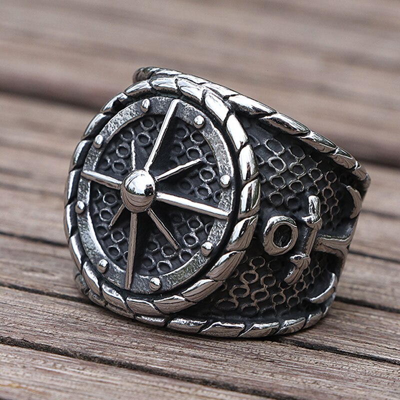 Cool Viking Kompas Ring Nordic Rvs Locomotief Anker Ring Mannen Retro Sailor Amulet Sieraden