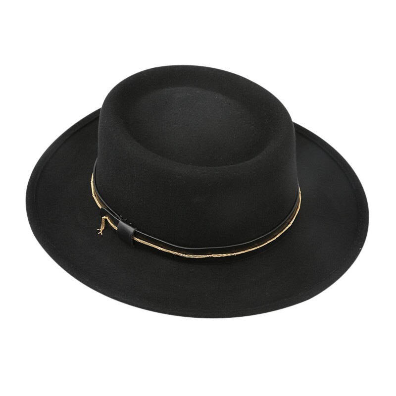 Casquette avec chaîne en feutre de laine pour femmes, chapeau marron à bord plat, casquette en forme de dôme, à la , chapeau Fedora pour église, X4069