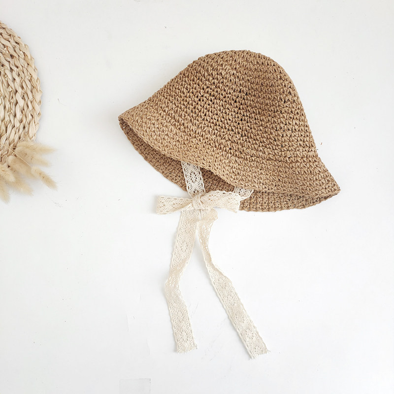 Chapeau en dentelle pour bébé fille, avec nœud de paille, pour la plage, couleur unie, mignon, princesse, en lin, respirant: Khaki / 1-3Y(48cm)