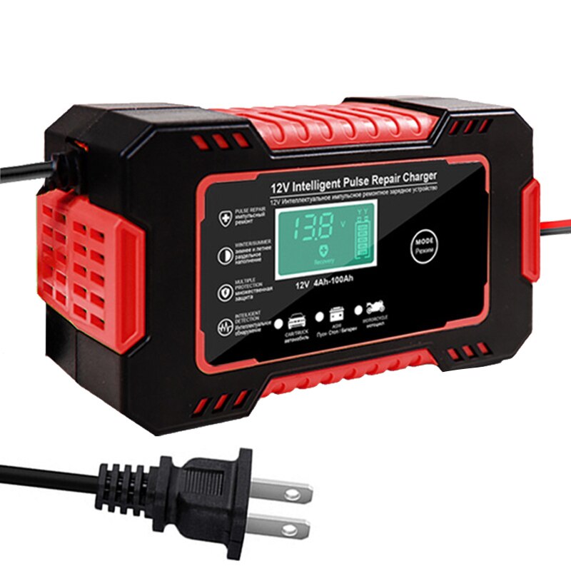 Motorcycle Car Battery Charger 12V 6A Intelligent Automatic Fast Power Charging Wet Dry Lead Acid LCD Display: Red US Plug