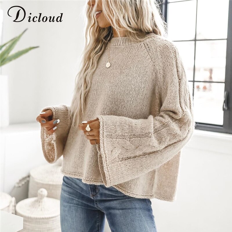 DICLOUD-suéter informal de manga larga acampanada para mujer, jerséis con cuello redondo, ropa lisa de otoño e invierno, prendas de punto holgadas de gran tamaño