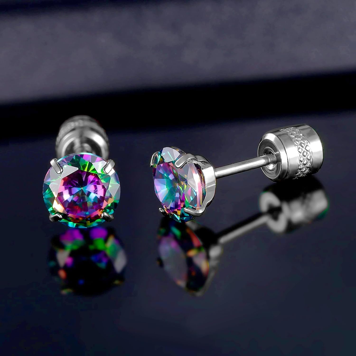6mm CZ Screw Flat Back Earrings for Women Girls Hypoallergenic for Sensitive Ears Rainbow Cubic Zirconia Stud Earring