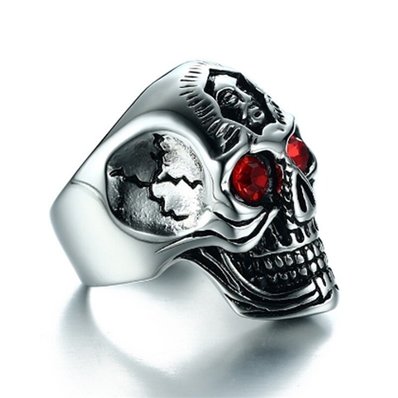 Stainless Steel Punk Floral Totem Red Zircon Gothic Skull Ring For Men Accessories Jewelry Anniversary Party