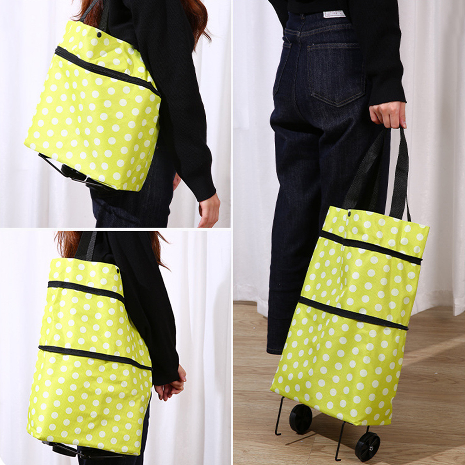 2-in-1 Foldable Shopping Cart Bag-Convertible Wheeled Trolley To Shoulder Bag Waterproof Oxford with Stand for Grocery/Market