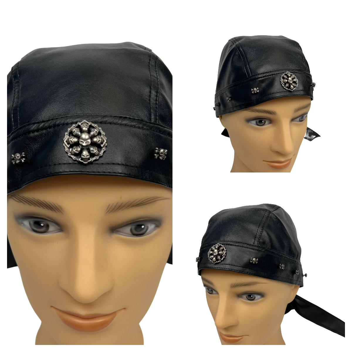 Casque de moto Bandana crâne en cuir noir – d'Halloween paresseux pour cosplay de motard urbain