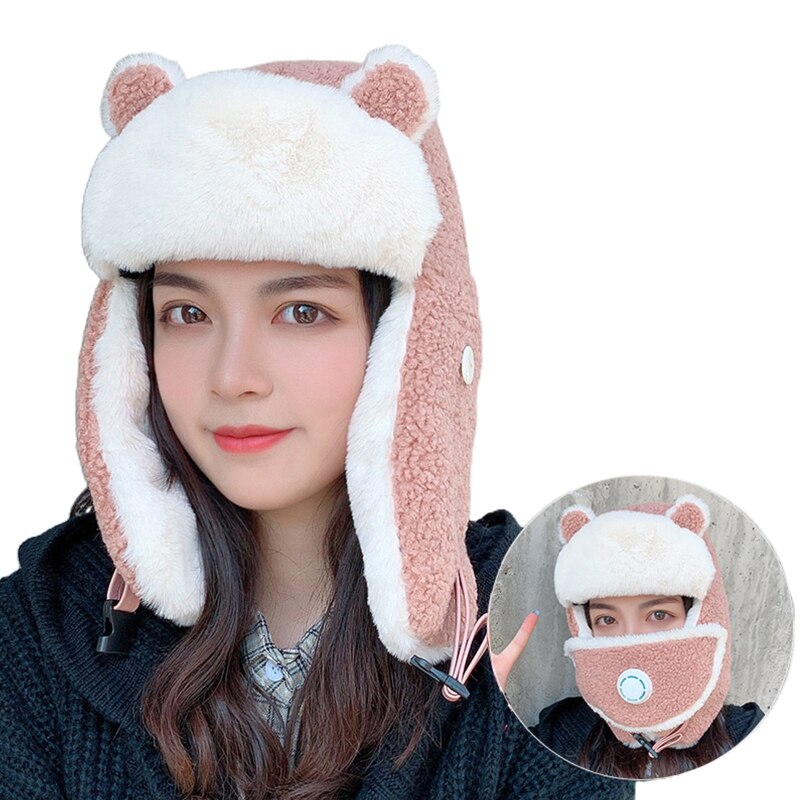 Women Cartoon Bear Ears Winter Trooper Trapper Hat with Removable Dustproof Face Mask Thermal Fleece Lining Earflap Cap